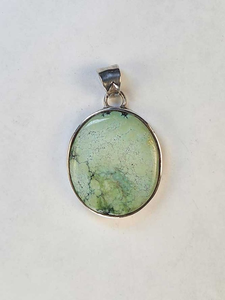 Vintage Sterling Silver Pale Green Turquoise Oval Pendant 1.5”